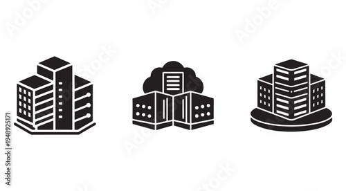 Black and white cityscape icons with buildings and cloud  urban landscape graphics