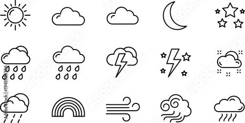 Foto Weather line icon set with sun cloud rain moon rainbow wind lightning and stars