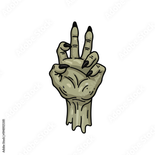 Decaying green zombie hand making a three-finger gesture with sharp black claws and rotting skin.