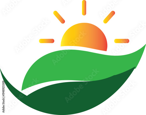 Green leaf and sunrise eco logo symbol representing natural growth sustainability environment agriculture energy concept flat vector design