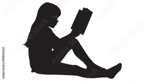 Girl silhouette with glasses reading a book while sitting on the floor, representing knowledge and education
