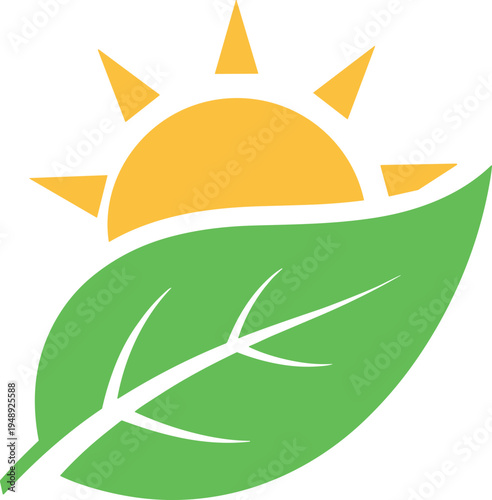 Green leaf with rising sun eco nature logo symbol representing sustainability organic growth environment concept flat vector icon