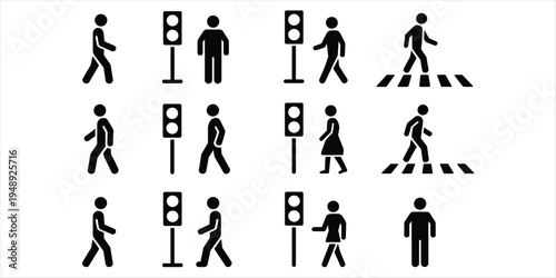 Pedestrian and Traffic Light Icons Collection Isolated on White Background person walking