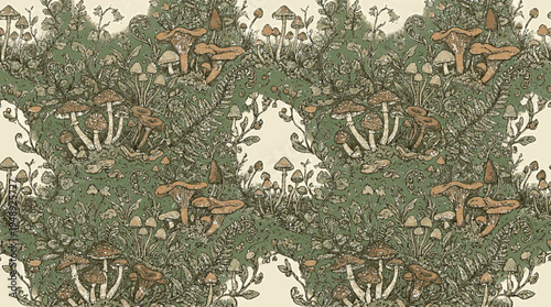Seamless pattern of earthy mushrooms and ferns in soft green tones organic texture and natural forest aesthetic