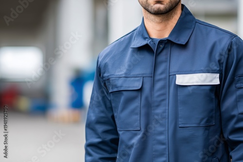 Detail of Navy Blue Industrial Work Jacket and Blank Badge Mockup