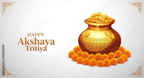 Golden Pot and Marigold Flowers Celebrating Akshaya Tritiya