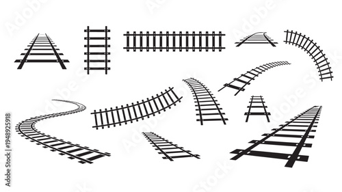 Railroad tracks in various perspective views and curves, set against a clean white background for versatile design applications.