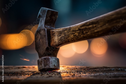Heavy Duty Metal Hammer Resting on Old Wood Grain