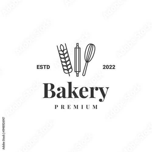 Bakery premium logo with wheat, rolling pin and whisk