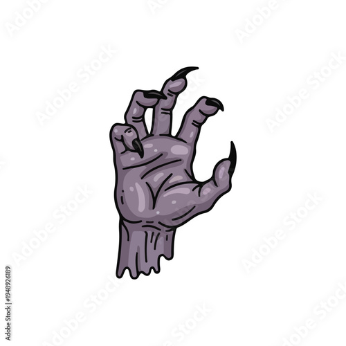 Creepy purple zombie hand with long sharp black claws reaching out in a terrifying gesture.