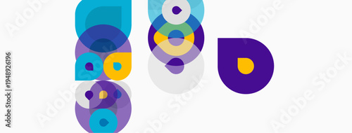 Abstract colorful circles overlap, creating dynamic visual composition. Modern design, simple shapes, vibrant hues present.