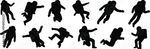 Silhouettes of astronauts in various dynamic poses floating in space zero gravity