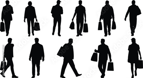 Silhouettes of men and women walking with shopping bags in various poses shopper carrying