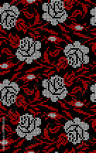 Seamless Ukrainian embroidery vector pattern with traditional vyshyvanka floral ornament. Red and black flowers with decorative branches and leaves 