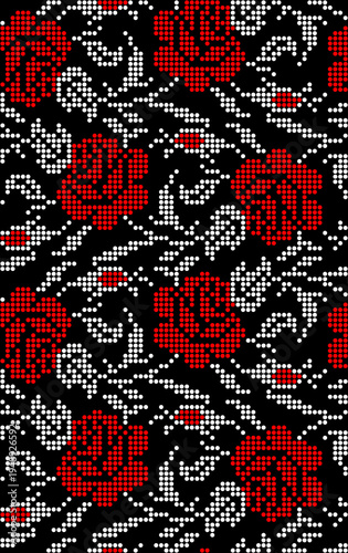 Seamless Ukrainian embroidery vector pattern with traditional vyshyvanka floral ornament. Red and black flowers with decorative branches and leaves 