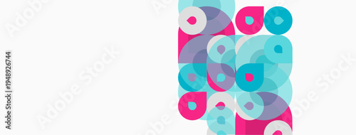 Abstract composition featuring overlapping circles. Pink, turquoise hues create dynamic visual texture. Modern design element.