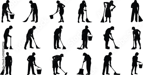 Silhouettes of people performing cleaning tasks with brooms and buckets cleaner janitor