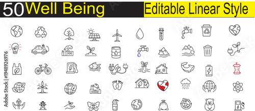 Well Being Editable Vector Icon Set – Mental Health, Self Care, Meditation, Healthy Lifestyle, Mindfulness, Wellness Symbols Collection, Clean Outline Design, UI App Elements, Isolated on White Backgr