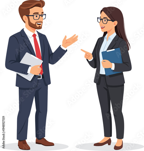 A professional businessman and businesswoman in formal attire engaged in a discussion while holding documents