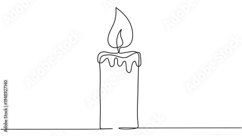 Candle flame lit from a single continuous line drawing with wax dripping down the sides featuring minimalist, simple, black and white with icon and