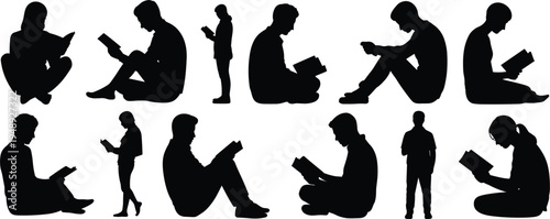 Silhouettes of people reading books in various seated and standing positions vector illustration