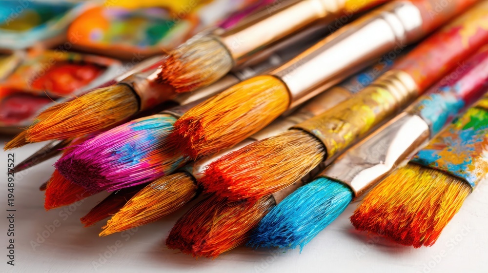 Fototapeta premium A vibrant assortment of assorted paintbrushes with colorful bristles and metallic ferrules, ready for artistic creation