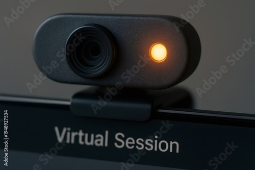 Webcam indicator glowing orange on a computer screen during a virtual session, signaling active video call and live communication for remote work, streaming, or online meetings