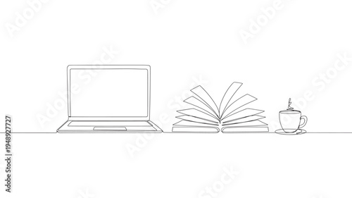 Laptop computer, open book, and steaming cup of coffee on a white background, depicted in a single continuous line art style.