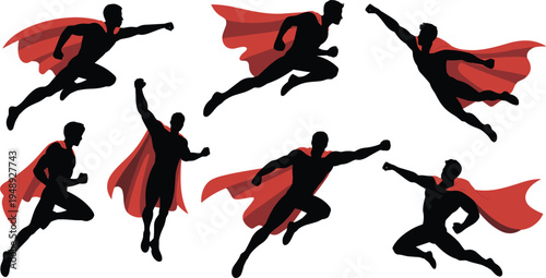 Silhouettes of superheroes in dynamic flying and action poses with red capes Keywords: superhero, silhouette, flying, action