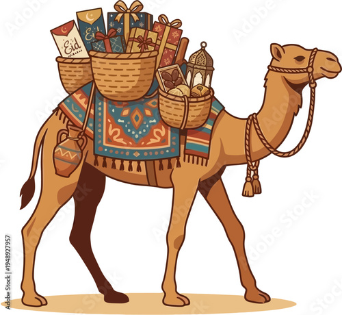 Vector illustration of a camel carrying baskets and goods on its back, traditional desert transportation animal with decorative saddle and luggage. Concept of desert travel, caravan transport