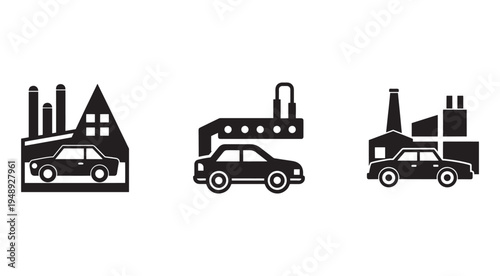 Black and white icons of cars and factories with chimneys and industrial pipes on white background