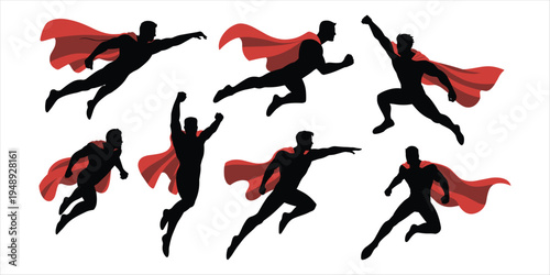 Superhero Silhouettes In Dynamic Flying Poses With Red Capes vector illustration