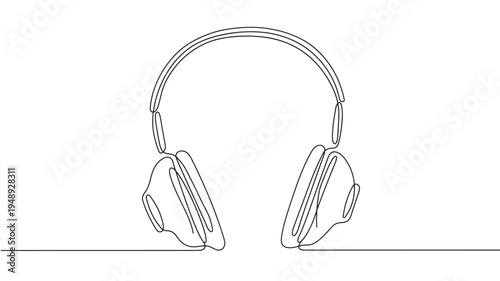 Headphones drawn in a minimalist single continuous line style, perfect for music and audio themes. featuring sound, listening, device with technology