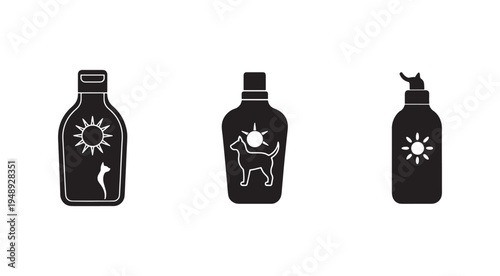 Black and white icons of sunblock bottles with cat dog and sun symbols on them for skin protection  for web and mobile applications