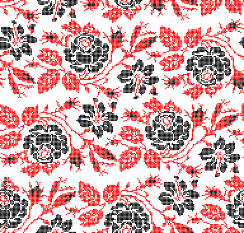 Seamless Ukrainian embroidery vector pattern with traditional vyshyvanka floral ornament. Red and black flowers with decorative branches and leaves 