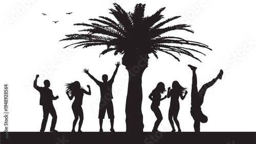 Silhouettes of people dancing and performing acrobatics under a palm tree with birds flying overhead.