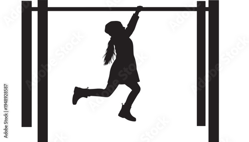Silhouette of a young girl with ponytail hanging from a horizontal bar with outstretched arms and running legs, outdoor.