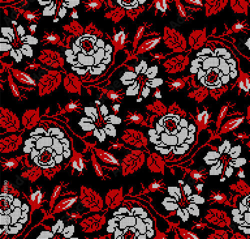 Seamless Ukrainian embroidery vector pattern with traditional vyshyvanka floral ornament. Red and black flowers with decorative branches and leaves 