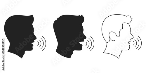Three profile silhouettes of a man speaking with sound waves emanating male