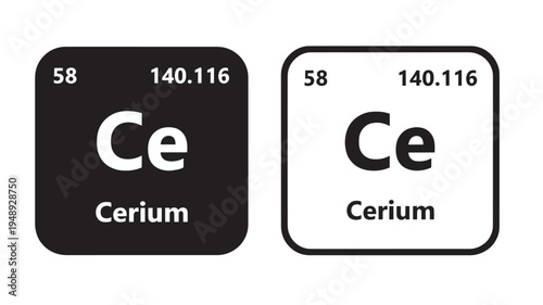 Cerium element icons showing atomic number 58 and symbol Ce with atomic mass 140.116 on black and white backgrounds