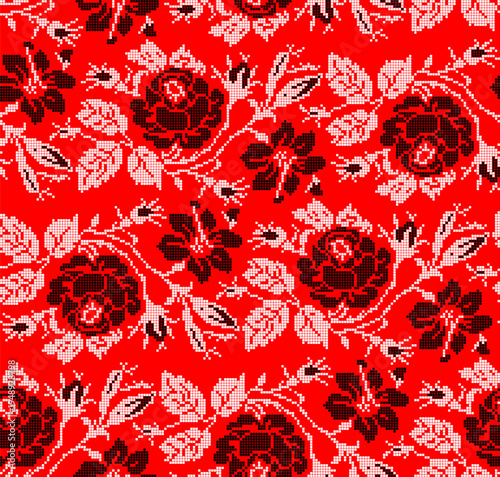 Seamless Ukrainian embroidery vector pattern with traditional vyshyvanka floral ornament. Red and black flowers with decorative branches and leaves 