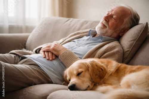 Elderly man resting comfortably with his loyal golden retriever companion on a cozy couch, enjoying a peaceful moment of shared slumber and relaxation at home