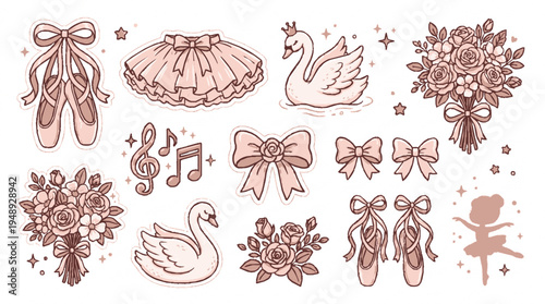 Elegant ballet themed nursery clipart set with pink pointe shoes tutus swans flowers and musical notes in soft pastel tones