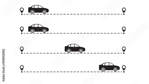 Cars with dashed lines and location pins representing routes and travel points on a white background, graphic design