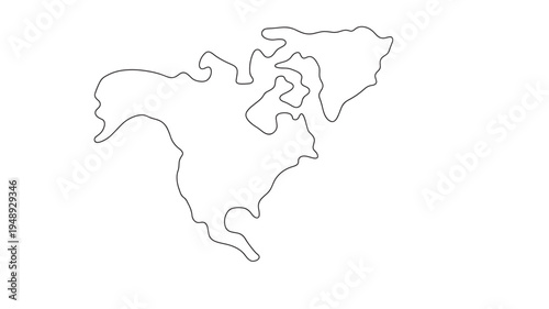 North America continent outline map in a clean, simple black line drawing on a white background. featuring silhouette, illustration, geographical