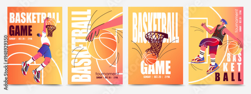 Basketball posters. Sport event flyers. Game match tournament invitation card templates. Athlete scores ball into basket. Sport fame event flyers. Basketball tournament. Vector