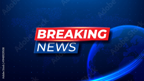 Dynamic Breaking News vector banner. Background with world map made of dots, world globe and light rays. Perfect for broadcast channels, live internet TV, and global news background designs.