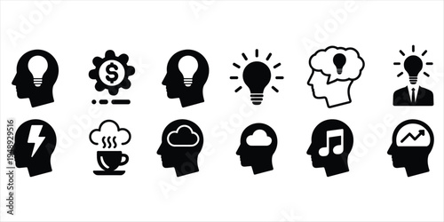 Various Icons of Ideas and Concepts within Human Head Silhouettes Keywords: icons, human head, profile, silhouette, idea, light