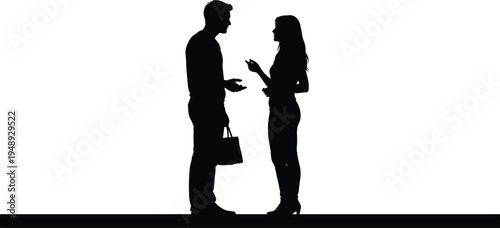 Silhouette of two people talking, communication and interaction concept, conversation illustration, body language vector art, social engagement design, minimalist lifestyle symbol