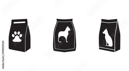 Black and white illustration of dog food bags with paw and dog silhouettes on white background
